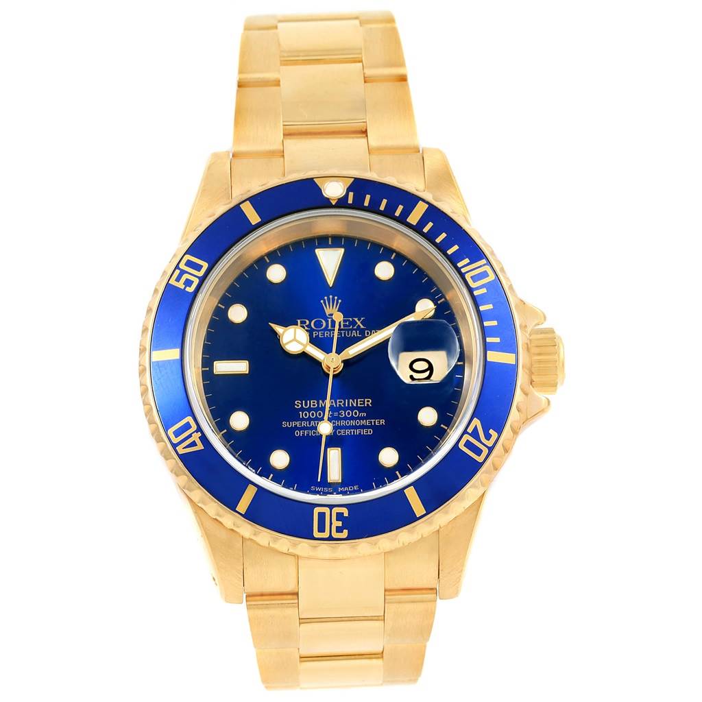 This image shows a front view of the Rolex Submariner 16618 Men's Yellow Gold Blue Dial 16618 Men's Yellow Gold Blue Dial watch, highlighting its blue dial, blue bezel, and gold bracelet.