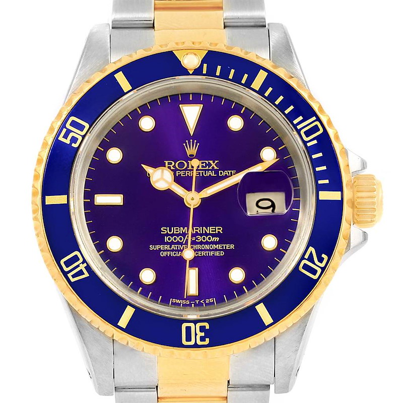 Rolex Submariner Steel Yellow Gold Purple Dial Steel Mens Watch 16613 SwissWatchExpo