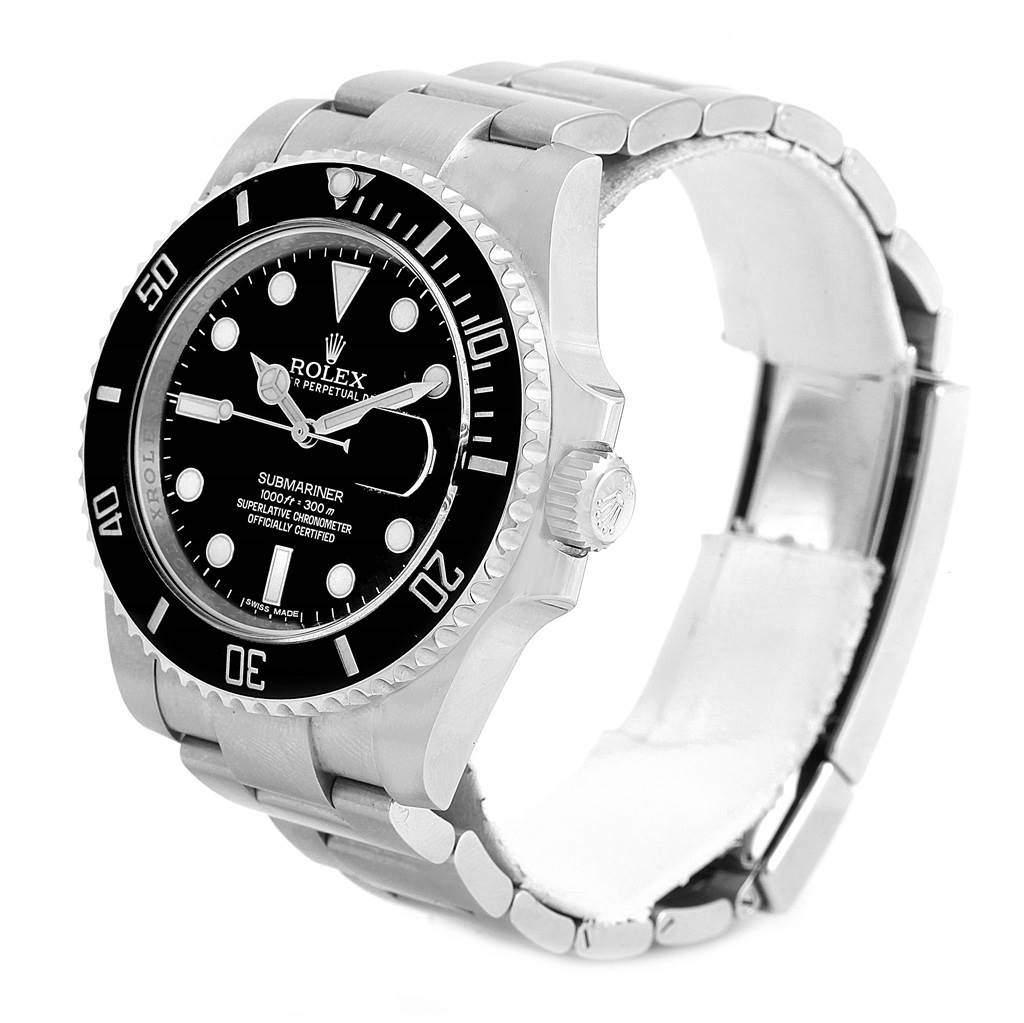 This image shows a side angle view of the Rolex Submariner 116610 Men's Stainless Steel Black Dial 116610 Men's Stainless Steel Black Dial watch, featuring its bezel, dial, bracelet, and crown.
