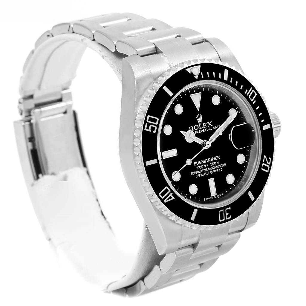The image shows a side angle of a Rolex Submariner 116610 Men's Stainless Steel Black Dial 116610 Men's Stainless Steel Black Dial watch, highlighting the dial, bezel, bracelet, and clasp.