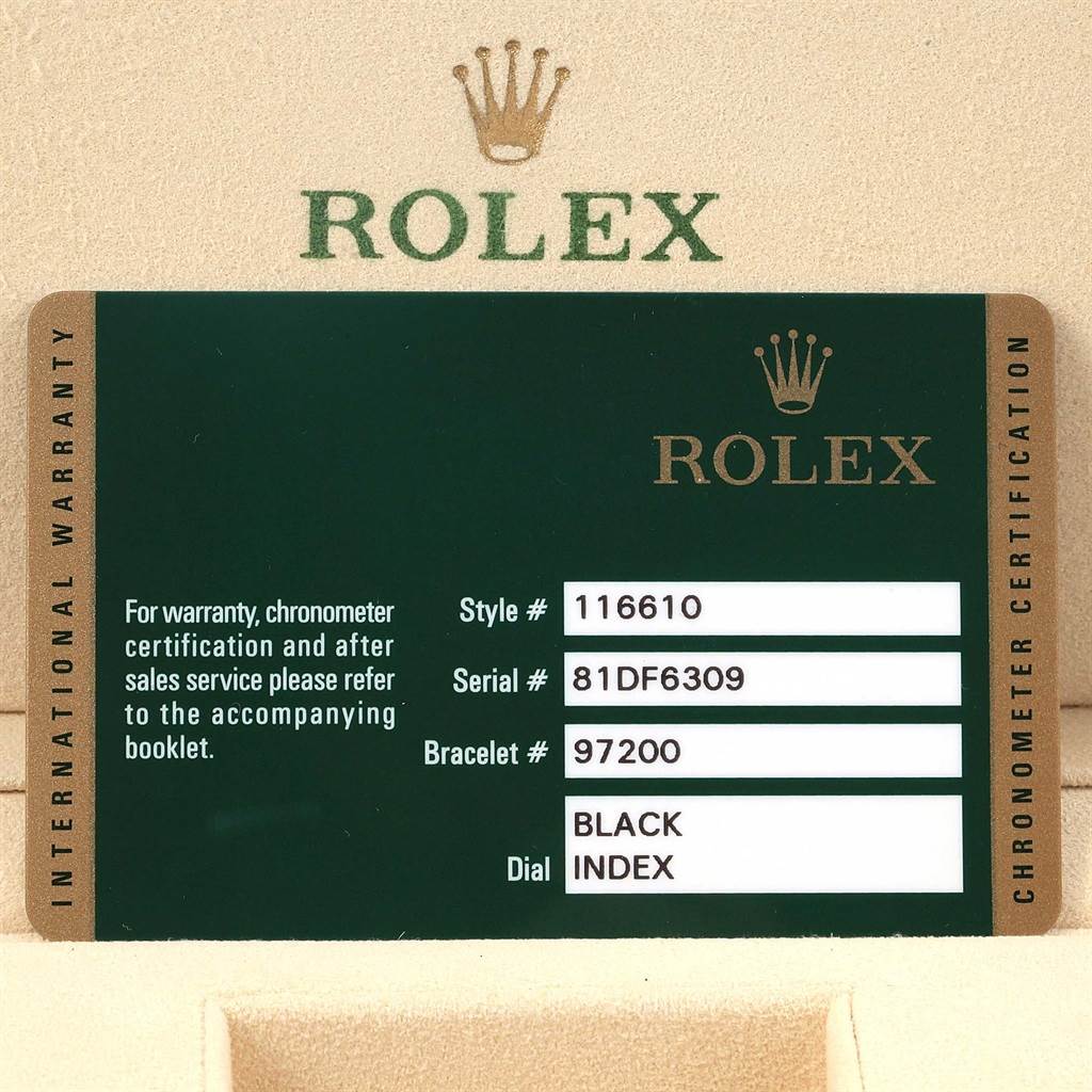 This image shows the warranty card for the Rolex Submariner 116610 Men's Stainless Steel Black Dial 116610 Men's Stainless Steel Black Dial model, detailing style, serial, and bracelet numbers.