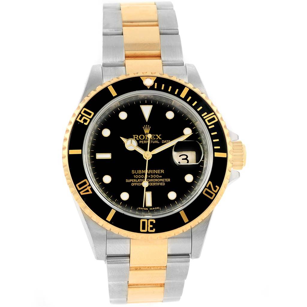 This image shows a frontal view of a Rolex Submariner 16613 Men
s Steel and Gold (two tone) Black Dial 16613 Men
s Steel and Gold (two tone) Black Dial watch, highlighting the dial, bezel, bracelet, and date window.