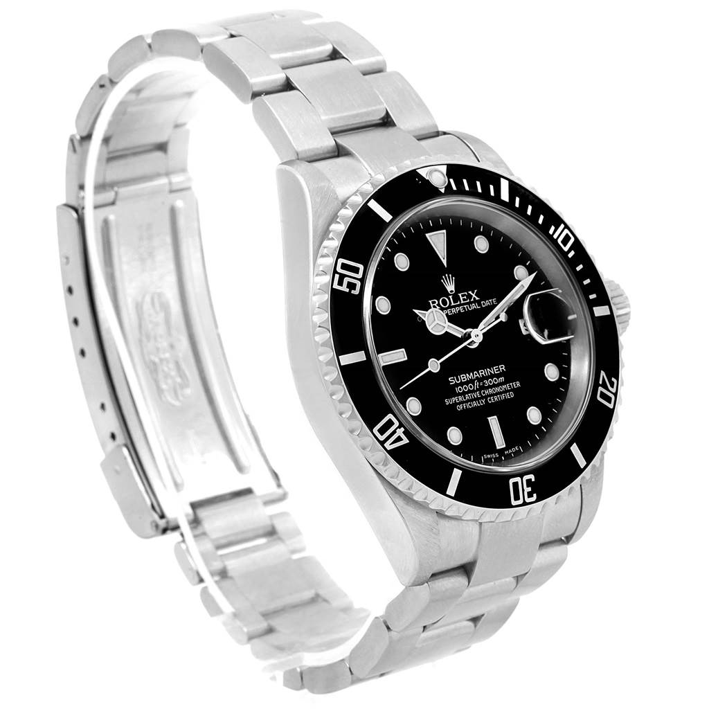 This image shows a Rolex Submariner 16610 Men's Stainless Steel Black Dial 16610 Men's Stainless Steel Black Dial from a perspective that highlights the face, bezel, and metal bracelet.