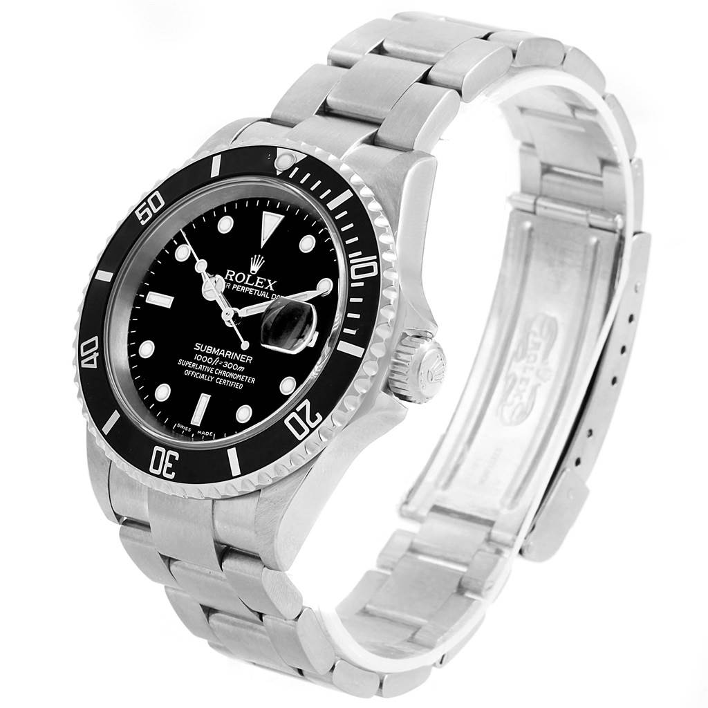 The image shows a Rolex Submariner 16610 Men's Stainless Steel Black Dial 16610 Men's Stainless Steel Black Dial watch angled to display its face, bezel, crown, and bracelet.