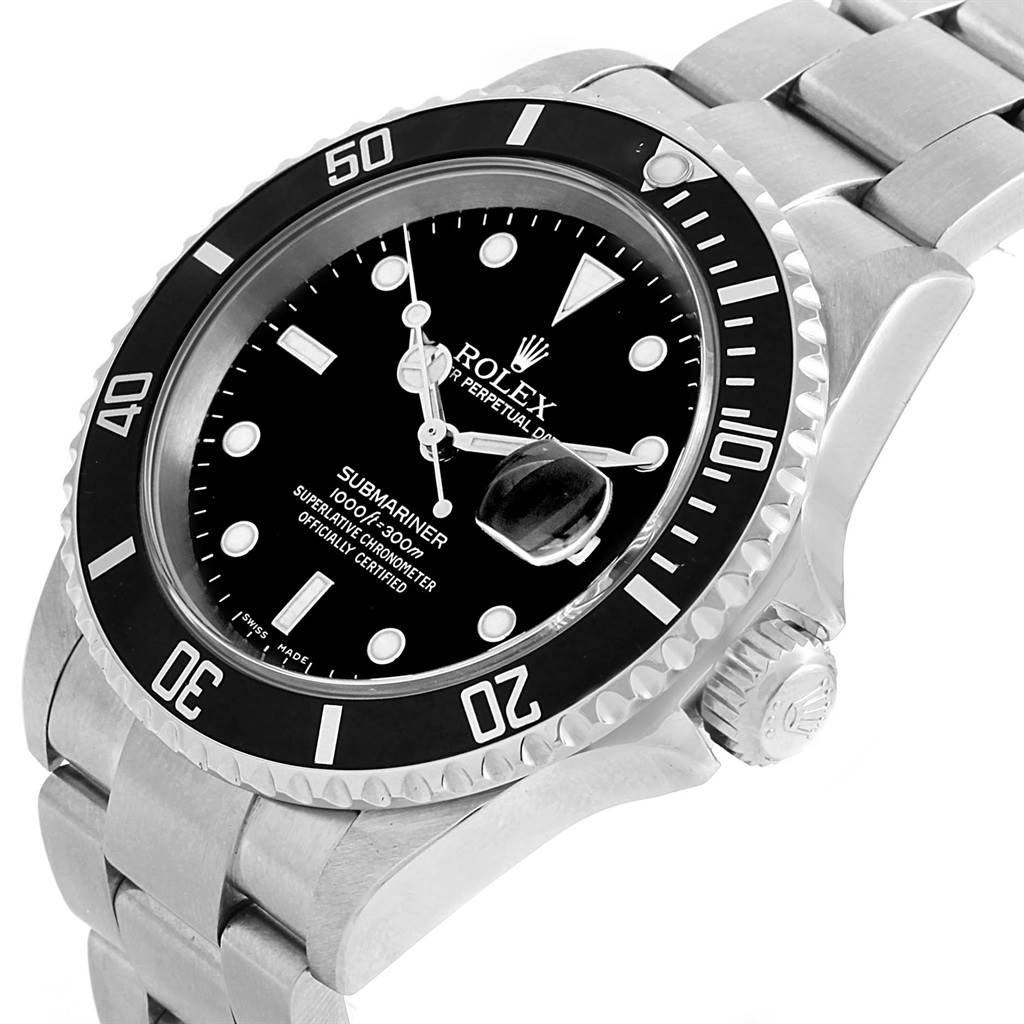 This image shows a Rolex Submariner 16610 Men's Stainless Steel Black Dial 16610 Men's Stainless Steel Black Dial watch from an angled side view, highlighting the dial, bezel, and bracelet.