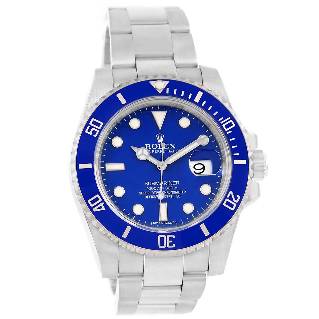 This image shows a front view of a Rolex Submariner 116619 Men's White Gold Blue Dial 116619 Men's White Gold Blue Dial watch, highlighting its blue dial, bezel, and metal bracelet.