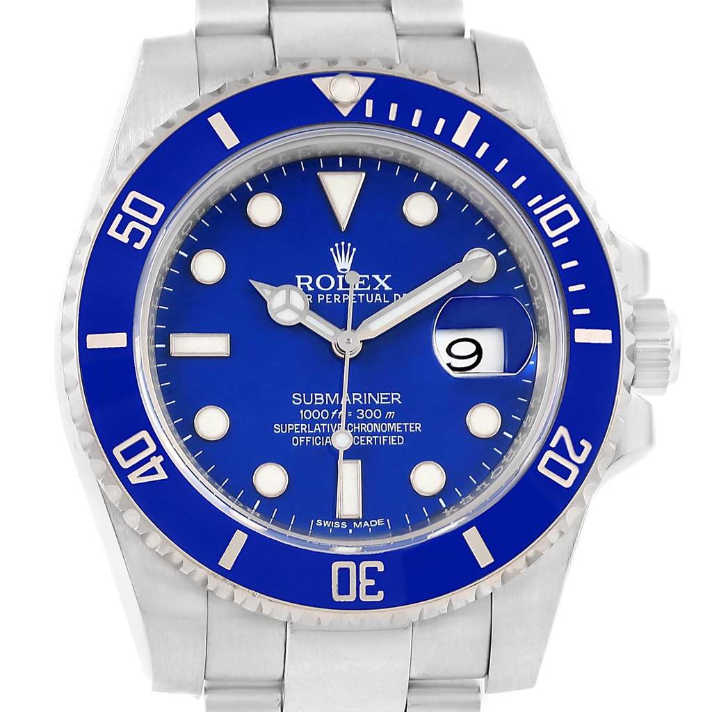 The image shows a frontal view of a Rolex Submariner 116619 Men's White Gold Blue Dial 116619 Men's White Gold Blue Dial watch, highlighting its blue dial, bezel, and bracelet.