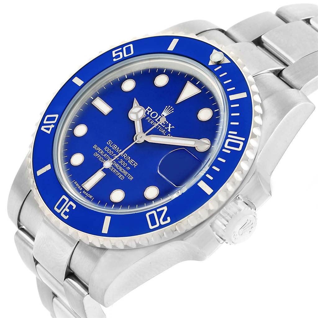 This image shows a close-up, angled view of a Rolex Submariner 116619 Men's White Gold Blue Dial 116619 Men's White Gold Blue Dial with a blue dial and bezel.