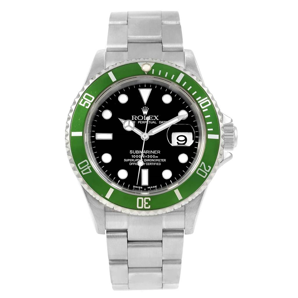 The image shows a front view of a Rolex Submariner 16610LV Men's Stainless Steel Black Dial 16610LV Men's Stainless Steel Black Dial watch with a green bezel, black dial, and metal bracelet.