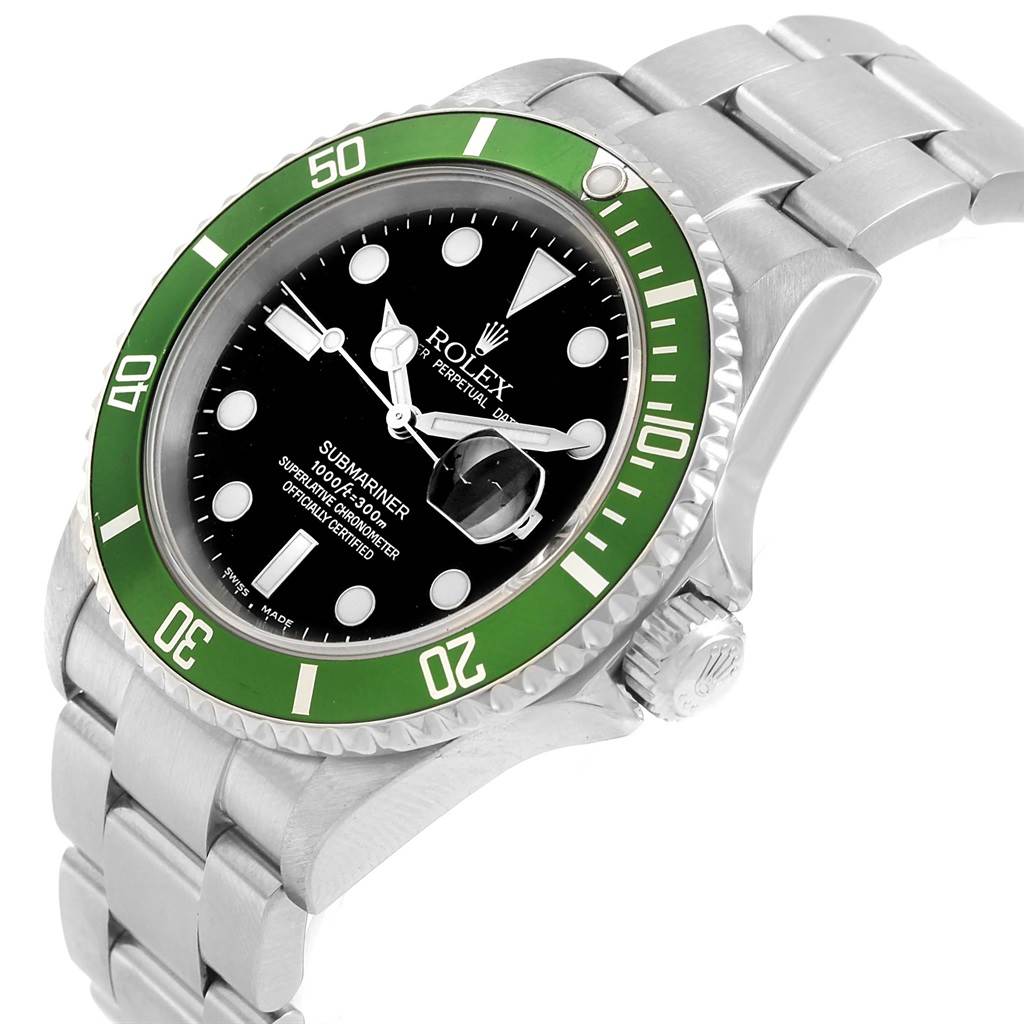 The Rolex Submariner 16610LV Men's Stainless Steel Black Dial 16610LV Men's Stainless Steel Black Dial watch is shown from a slight angle, displaying the face, green bezel, and part of the stainless steel bracelet.