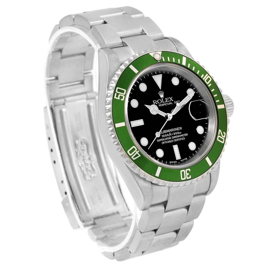 The image shows a Rolex Submariner 16610LV Men's Stainless Steel Black Dial 16610LV Men's Stainless Steel Black Dial watch at a slight angle, highlighting its green bezel, black dial, and silver bracelet.