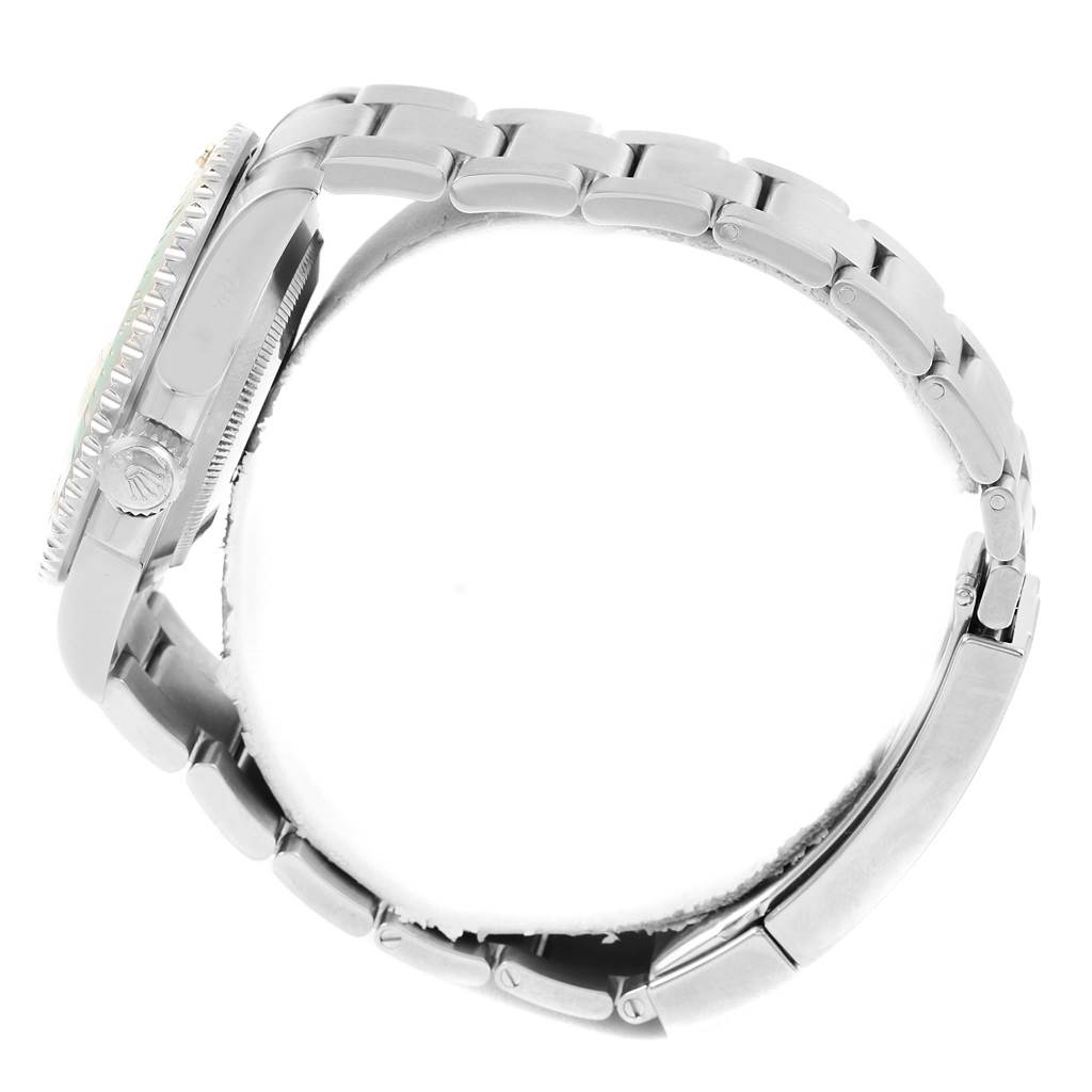 This image shows the side profile of a Rolex Submariner 116610LV Men
s Stainless Steel Green Dial 116610LV Men
s Stainless Steel Green Dial watch, focusing on the case, crown, and bracelet.
