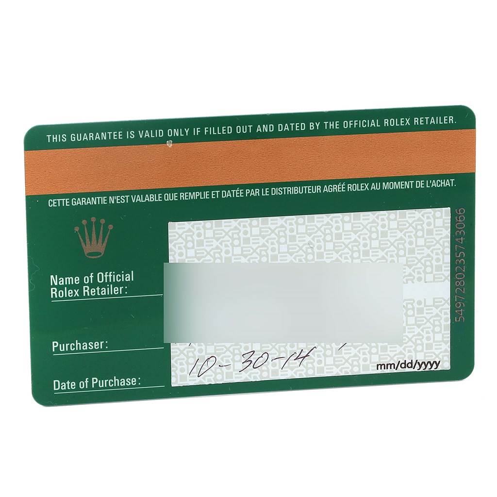 This image shows the guarantee card for the Rolex Submariner 116610LV Men
s Stainless Steel Green Dial 116610LV Men
s Stainless Steel Green Dial model.