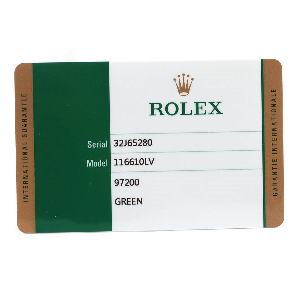 This image shows the international guarantee card for the Rolex Submariner 116610LV Men
s Stainless Steel Green Dial 116610LV Men
s Stainless Steel Green Dial model 116610LV.