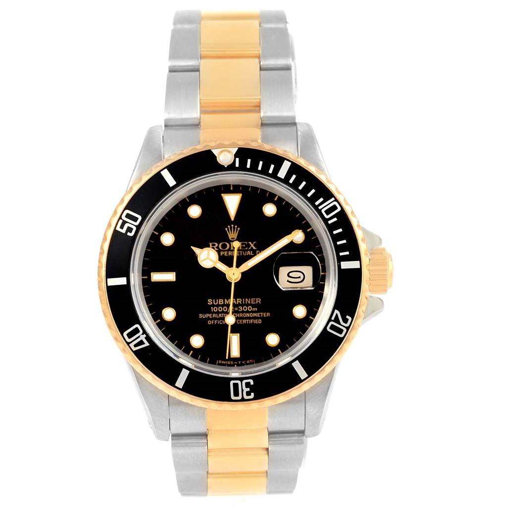 This image shows a frontal view of a Rolex Submariner 16803 Men's Steel and Gold (two tone) Black Dial 16803 Men's Steel and Gold (two tone) Black Dial watch, highlighting its black dial, bezel, and two-tone bracelet.