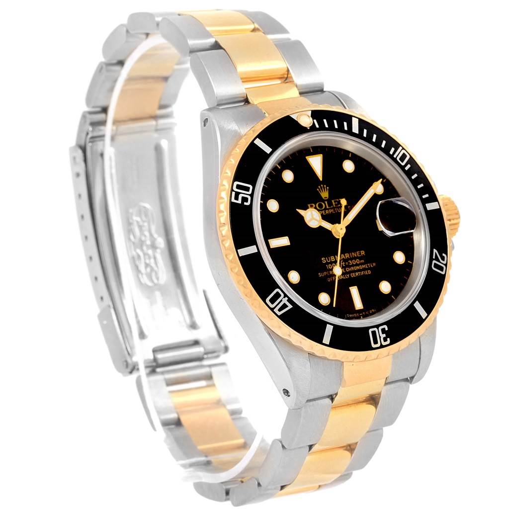The image shows a Rolex Submariner 16803 Men's Steel and Gold (two tone) Black Dial 16803 Men's Steel and Gold (two tone) Black Dial watch at a three-quarter angle, highlighting the face, bezel, and two-tone bracelet.