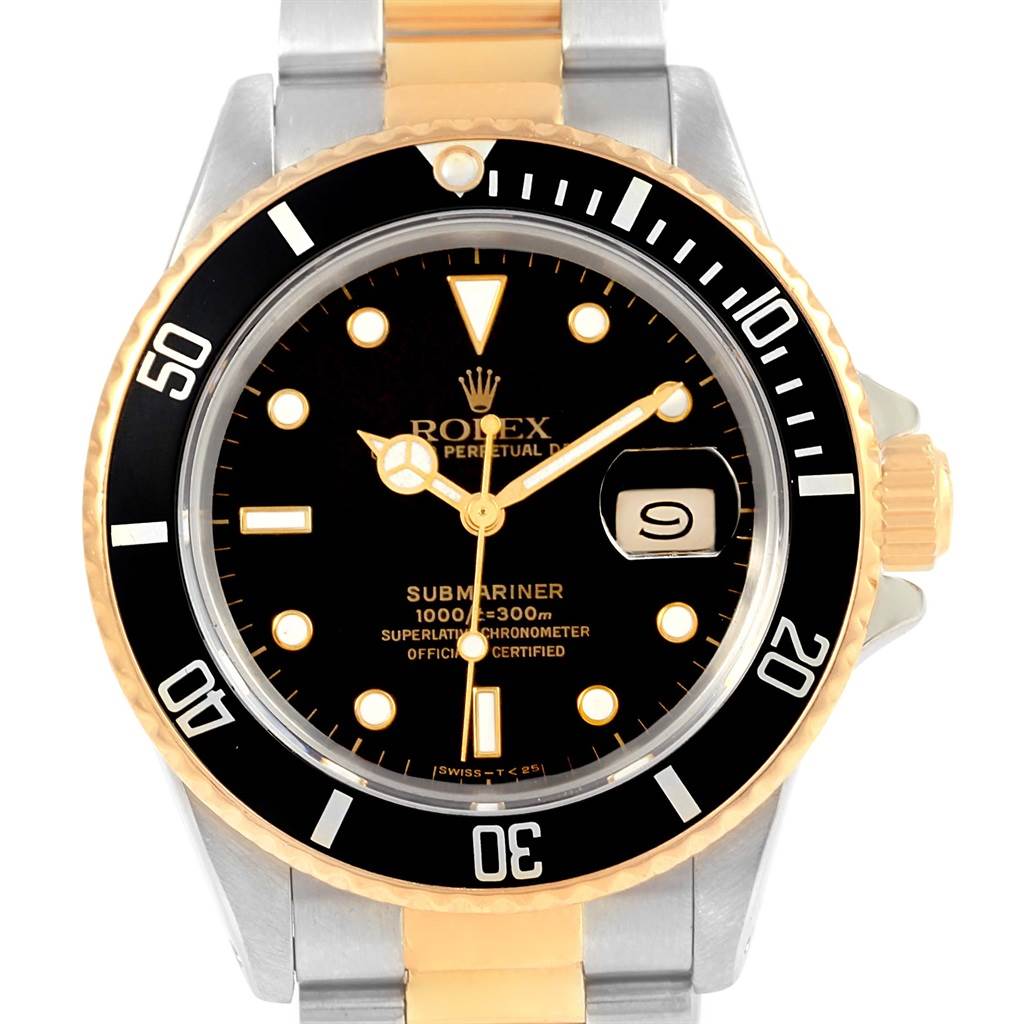The image shows a front view of the Rolex Submariner 16803 Men's Steel and Gold (two tone) Black Dial 16803 Men's Steel and Gold (two tone) Black Dial watch, highlighting its black dial, date window, and two-tone bezel and bracelet.