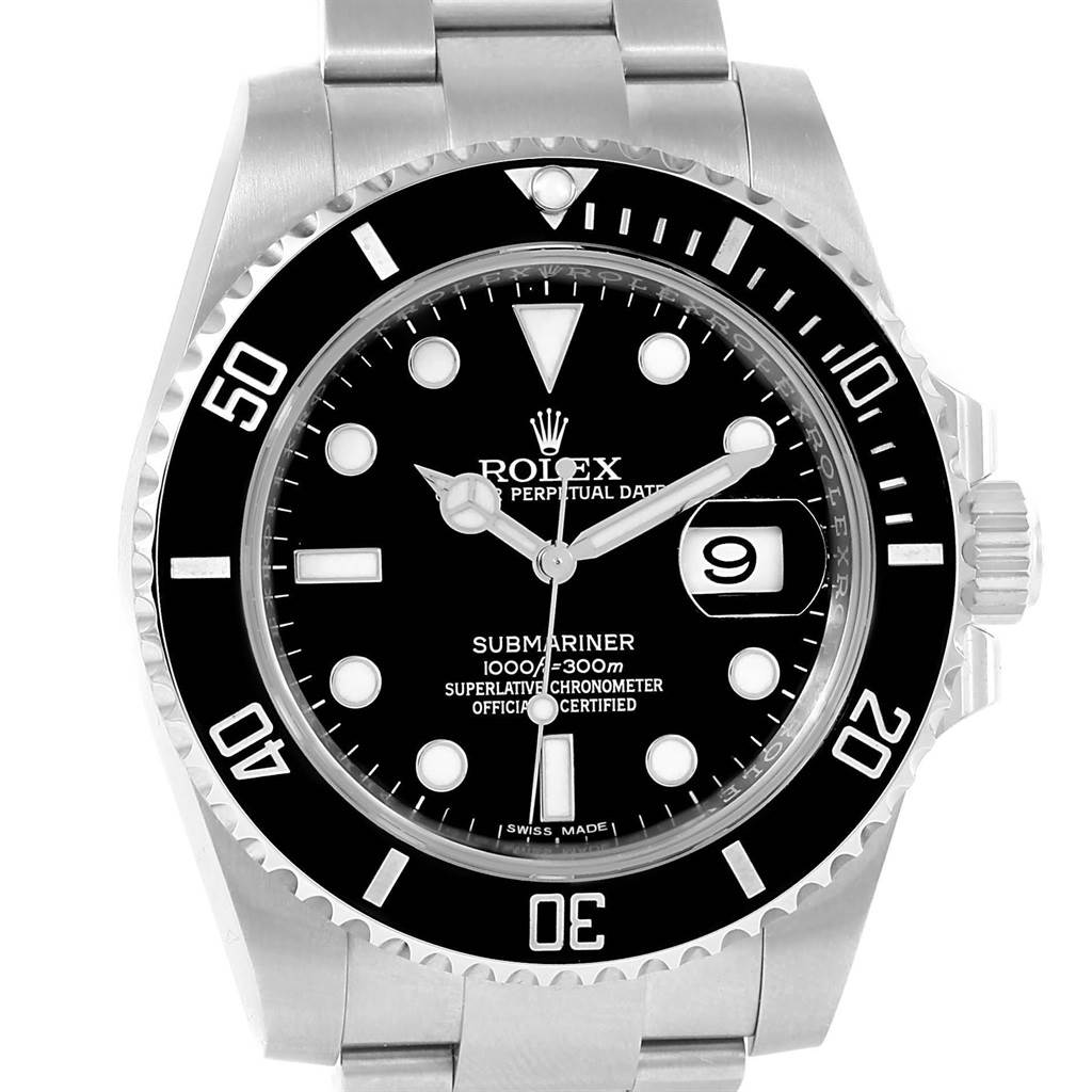 This image shows a front view of a Rolex Submariner 116610 Men's Stainless Steel Black Dial 116610 Men's Stainless Steel Black Dial watch, highlighting its dial, bezel, and bracelet.