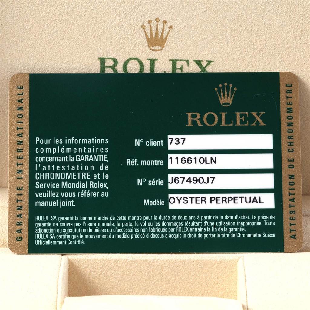 The image shows the warranty card for a Rolex Submariner 116610 Men's Stainless Steel Black Dial 116610 Men's Stainless Steel Black Dial Oyster Perpetual watch, model 116610LN.