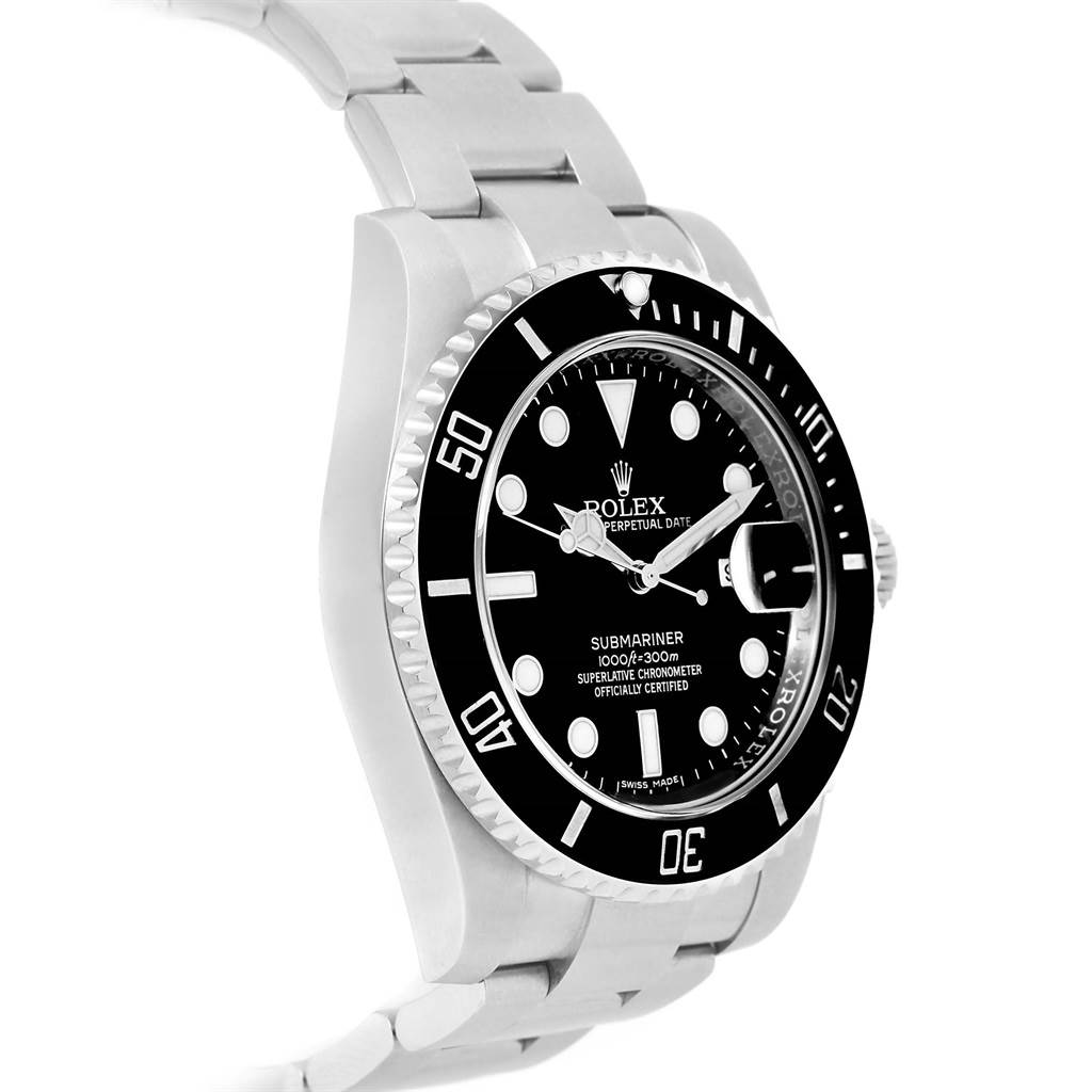 The image shows a side and front view of a Rolex Submariner 116610 Men's Stainless Steel Black Dial 116610 Men's Stainless Steel Black Dial, highlighting the dial, bezel, and bracelet.