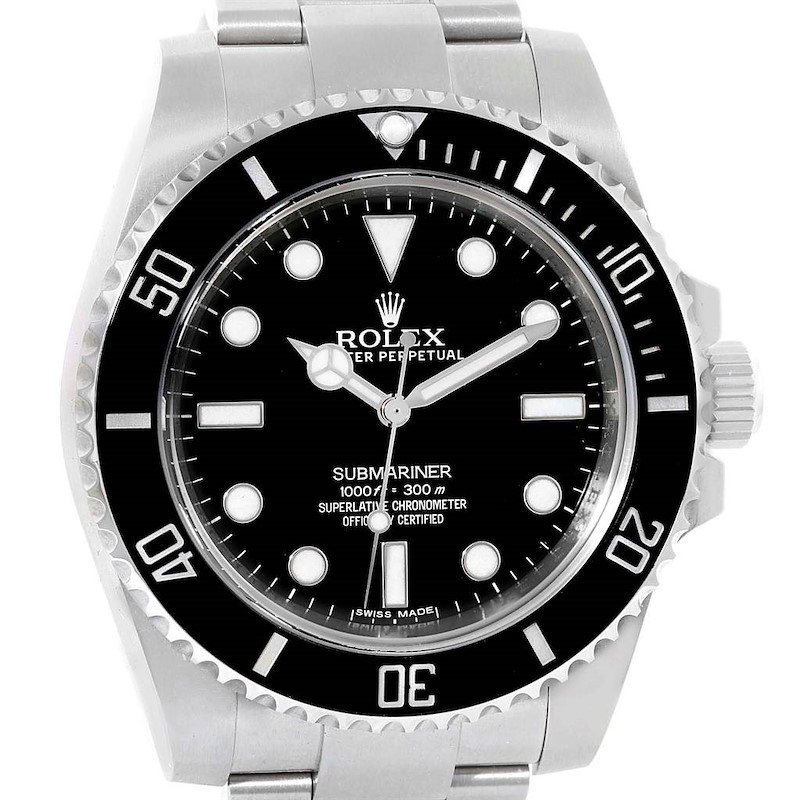 This image shows a front view of the Rolex Submariner, displaying its dial, bezel, and part of the bracelet.