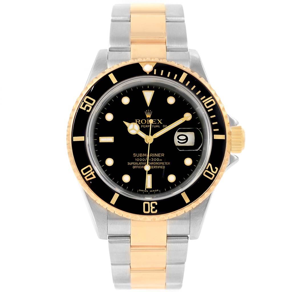 The image shows a front view of a Rolex Submariner 16613 Men
s Steel and Gold (two tone) Black Dial 16613 Men
s Steel and Gold (two tone) Black Dial watch, highlighting its black dial, black bezel, and two-tone gold and silver bracelet.