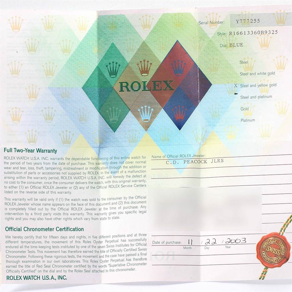 The image shows the warranty card for a Rolex Submariner 16613 Men's Steel and Gold (two tone) Blue Dial 16613 Men's Steel and Gold (two tone) Blue Dial model.