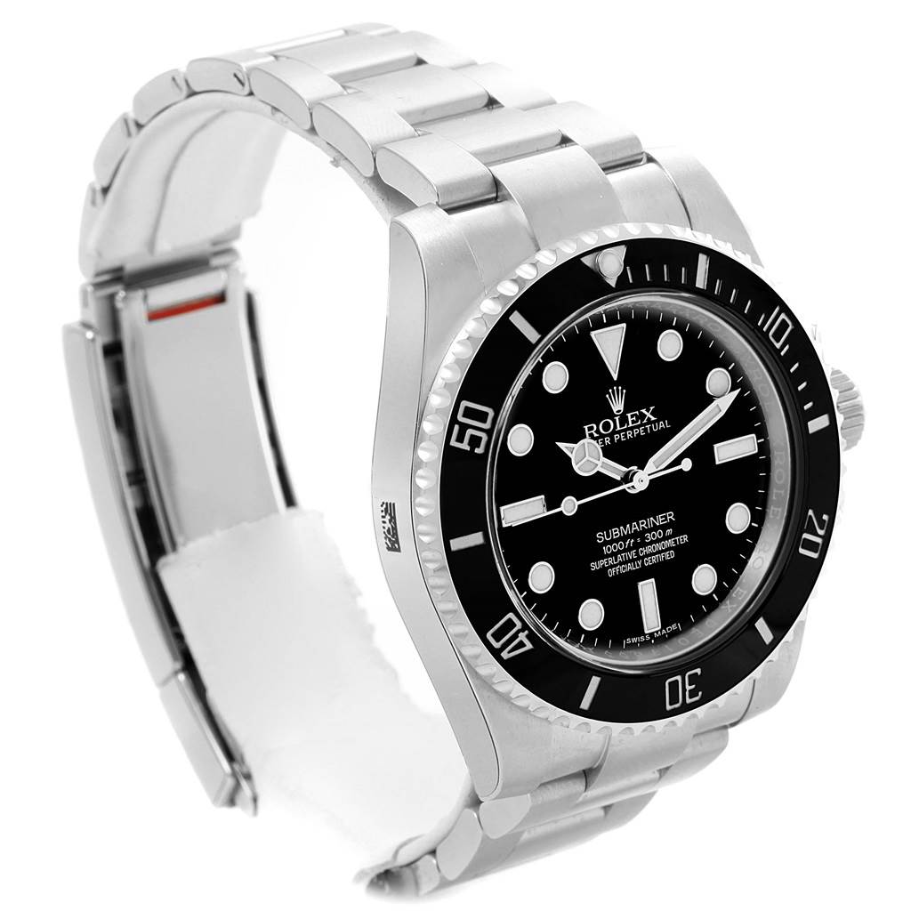 The Rolex Submariner 114060 Men's Stainless Steel Black Dial 114060 Men's Stainless Steel Black Dial watch is shown at an angled side view, displaying the face, bezel, crown, and part of the stainless steel band.