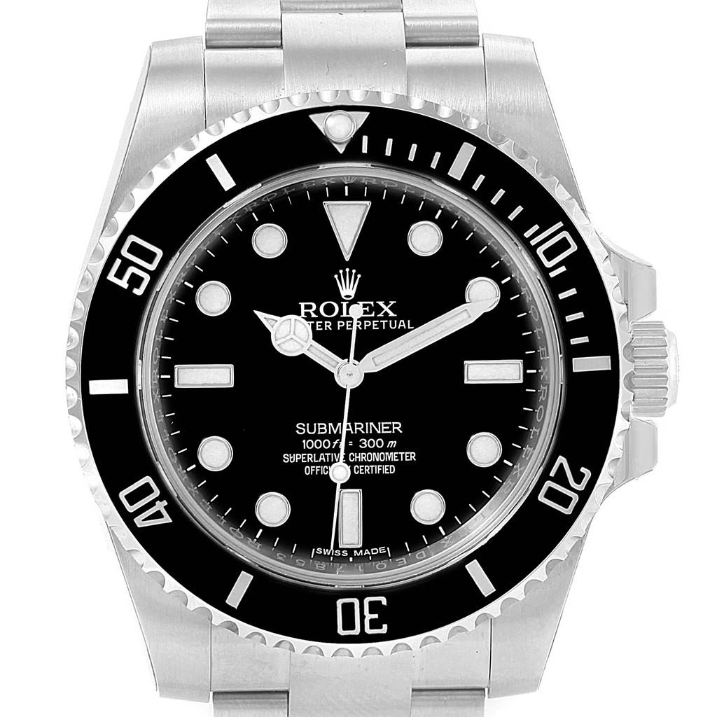 This image shows a front view of a Rolex Submariner 114060 Men's Stainless Steel Black Dial 114060 Men's Stainless Steel Black Dial watch, highlighting the dial, bezel, and a portion of the bracelet.