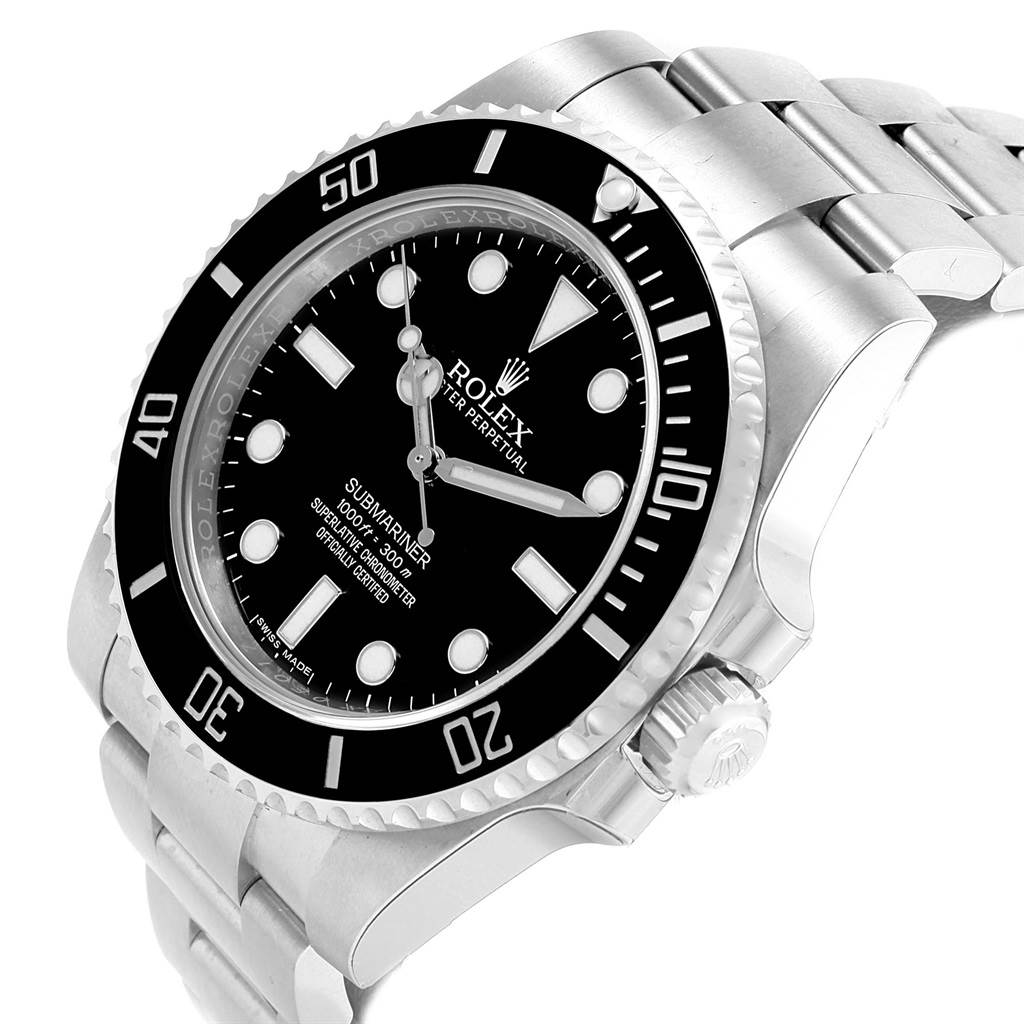 The image shows a close-up view of the face, bezel, and crown of a Rolex Submariner 114060 Men's Stainless Steel Black Dial 114060 Men's Stainless Steel Black Dial watch at a slight angle.
