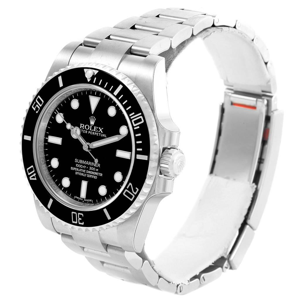 This image shows a Rolex Submariner 114060 Men's Stainless Steel Black Dial 114060 Men's Stainless Steel Black Dial watch from an angled view, highlighting the face, bezel, crown, and part of the bracelet.