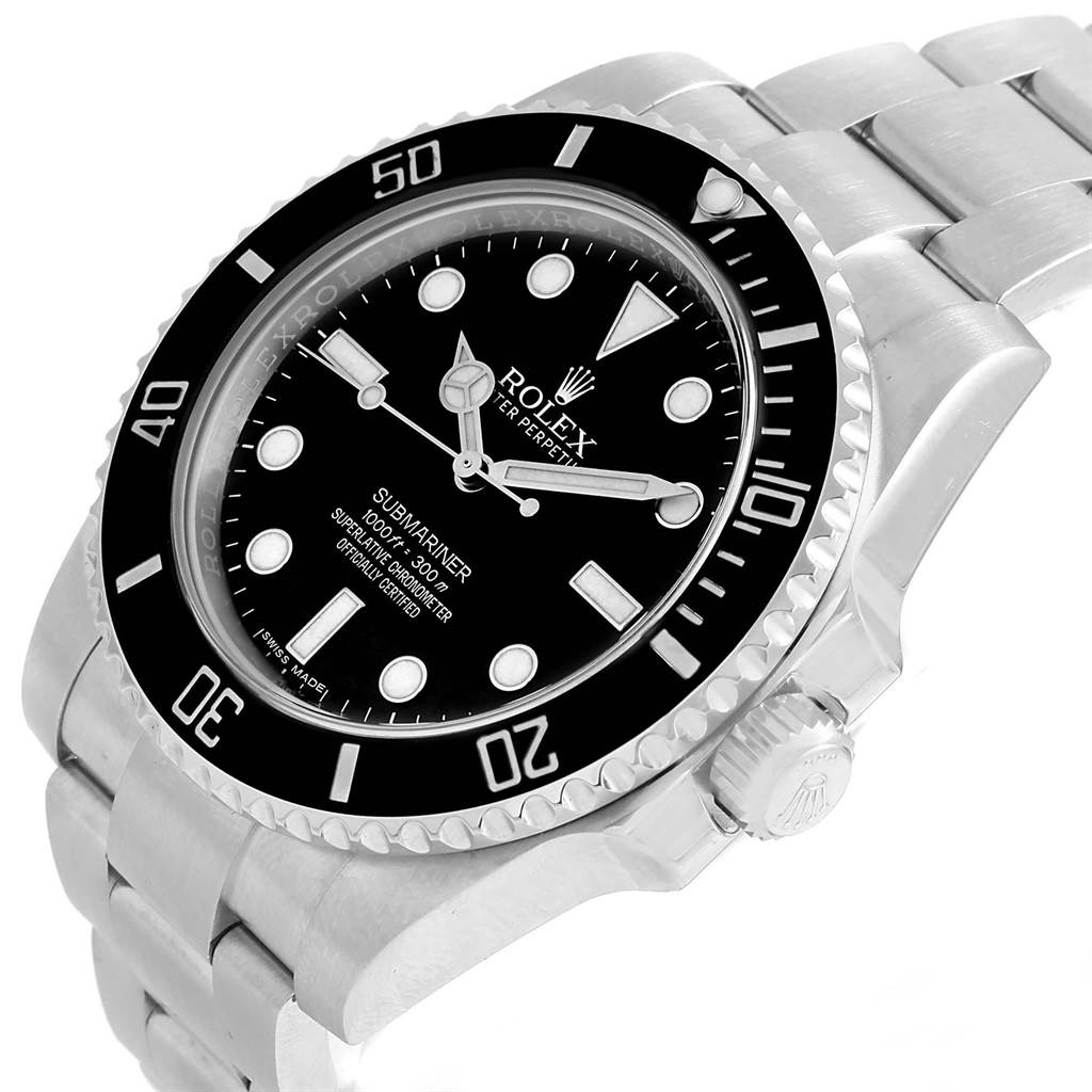 The Rolex Submariner 114060 Men's Stainless Steel Black Dial 114060 Men's Stainless Steel Black Dial watch is shown at a slight angle, highlighting the bezel, dial, crown, and part of the bracelet.