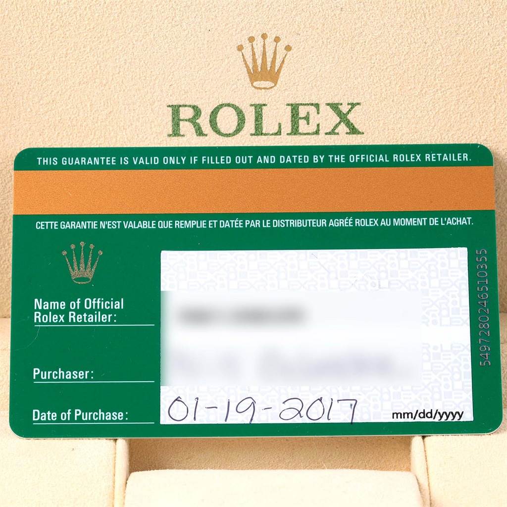 The image shows a Rolex guarantee card for the Submariner model, displaying purchase details and date.