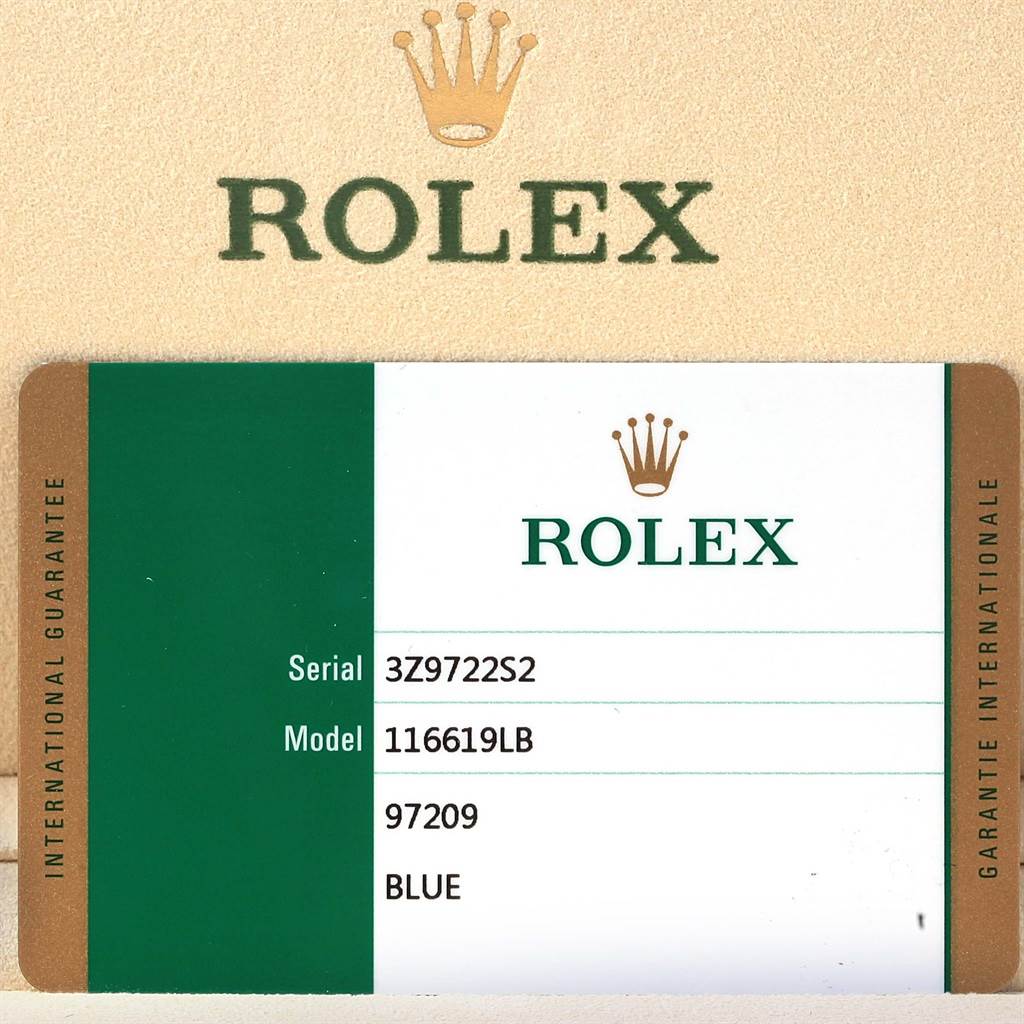 This image shows the international guarantee card for the Rolex Submariner 116619 Men's White Gold Blue Dial 116619 Men's White Gold Blue Dial model 116619LB.