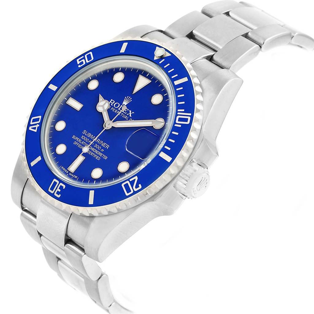 The image shows a Rolex Submariner 116619 Men's White Gold Blue Dial 116619 Men's White Gold Blue Dial watch at a slight angle, highlighting its blue bezel, dial, and part of the bracelet.