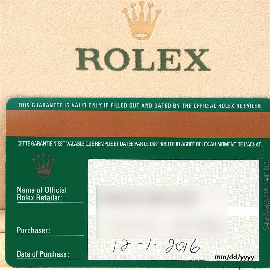 The image shows a guarantee card for a Rolex Submariner 116619 Men's White Gold Blue Dial 116619 Men's White Gold Blue Dial watch, including purchase details and official branding.