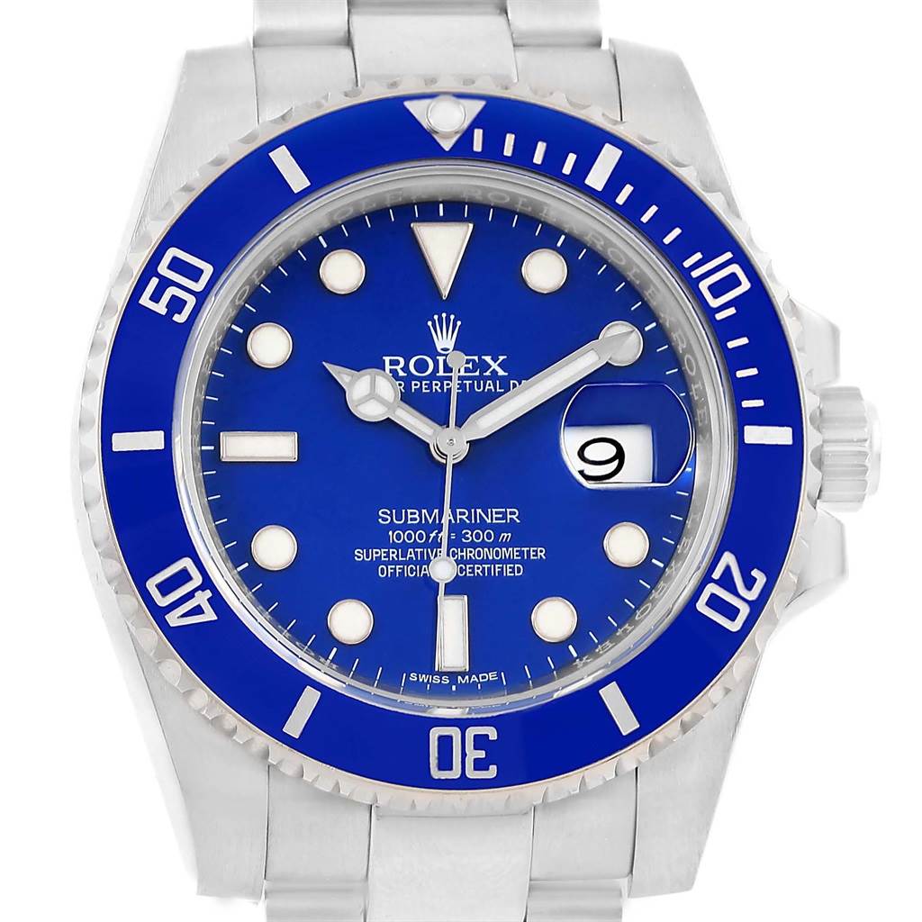 The image shows a frontal view of a Rolex Submariner 116619 Men's White Gold Blue Dial 116619 Men's White Gold Blue Dial watch, highlighting the blue bezel, dial, hands, and stainless steel bracelet.