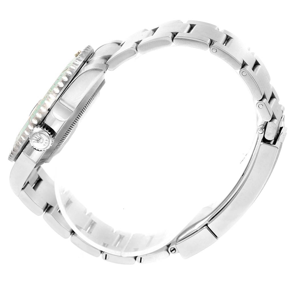 The image shows a side view of a Rolex Submariner 116610LV Men's Stainless Steel Green Dial 116610LV Men's Stainless Steel Green Dial watch, highlighting the case, bezel, crown, and bracelet.