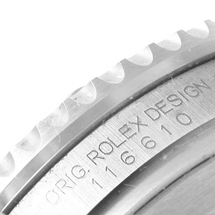 The angle shows a close-up of the bezel and case, featuring the "ORIG. ROLEX DESIGN" engraving on the Rolex Submariner 116610LV Men's Stainless Steel Green Dial 116610LV Men's Stainless Steel Green Dial watch.