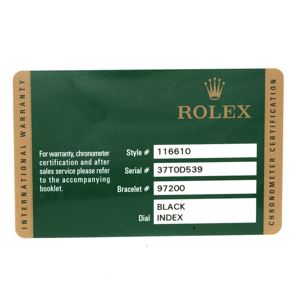 This image shows a warranty card for a Rolex Submariner 116610 Men's Stainless Steel Black Dial 116610 Men's Stainless Steel Black Dial model, detailing the style, serial, bracelet number, and dial type.