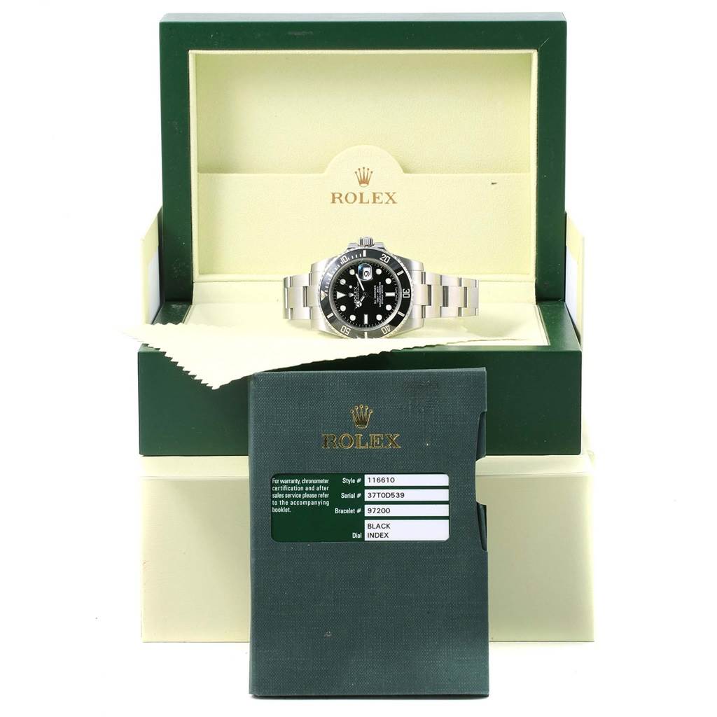 The Rolex Submariner 116610 Men's Stainless Steel Black Dial 116610 Men's Stainless Steel Black Dial watch is displayed front-facing in its box with warranty booklet also shown.