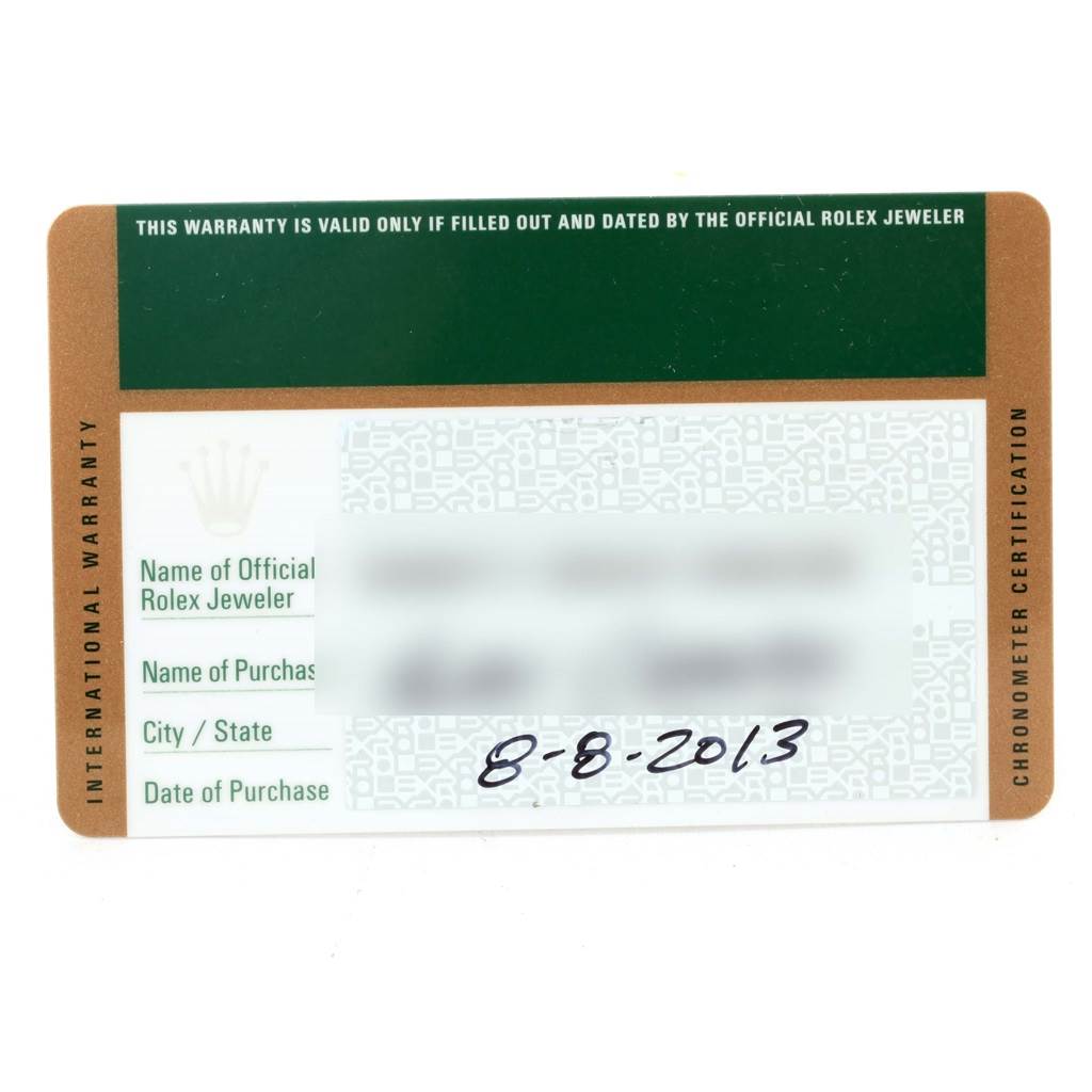 The image shows the international warranty card for a Rolex Submariner 116610 Men's Stainless Steel Black Dial 116610 Men's Stainless Steel Black Dial watch, displaying partial details and a purchase date.