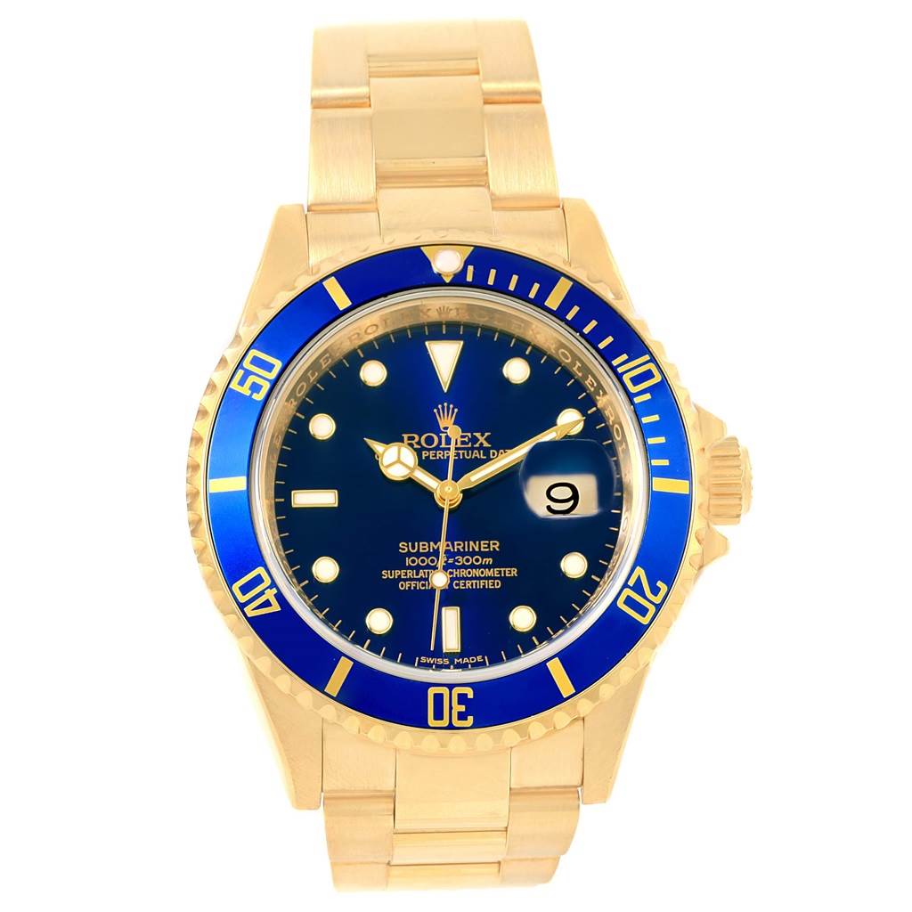 The image shows a front view of a Rolex Submariner 16618 Men's Yellow Gold Blue Dial 16618 Men's Yellow Gold Blue Dial watch, highlighting its gold band, blue dial, and blue bezel.