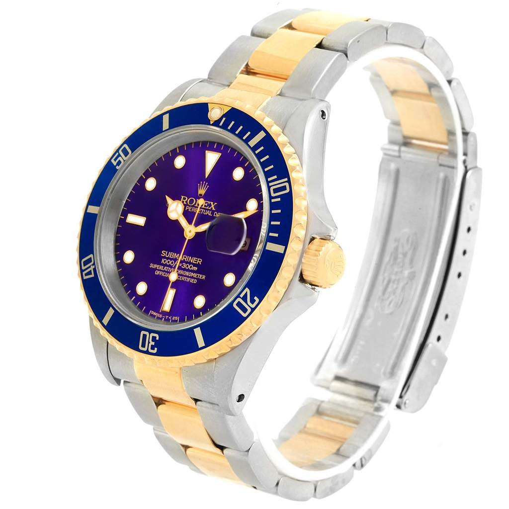 The image shows a Rolex Submariner 16613 Men
s Steel and Gold (two tone) Purple Dial 16613 Men
s Steel and Gold (two tone) Purple Dial watch at a three-quarter angle, highlighting the bezel, dial, and bracelet.