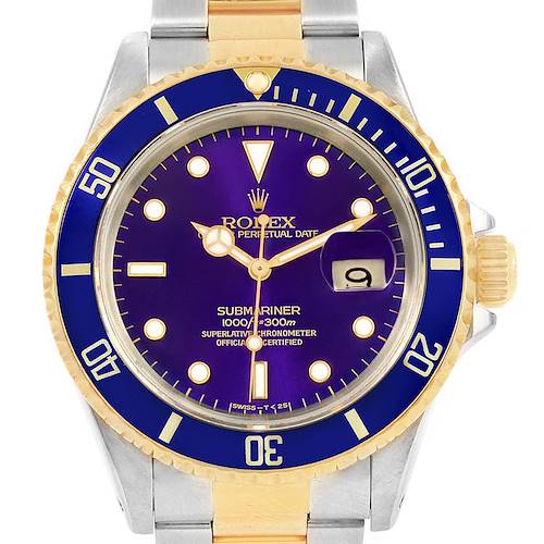 Photo of Rolex Submariner Steel Yellow Gold Purple Dial Mens Watch 16613