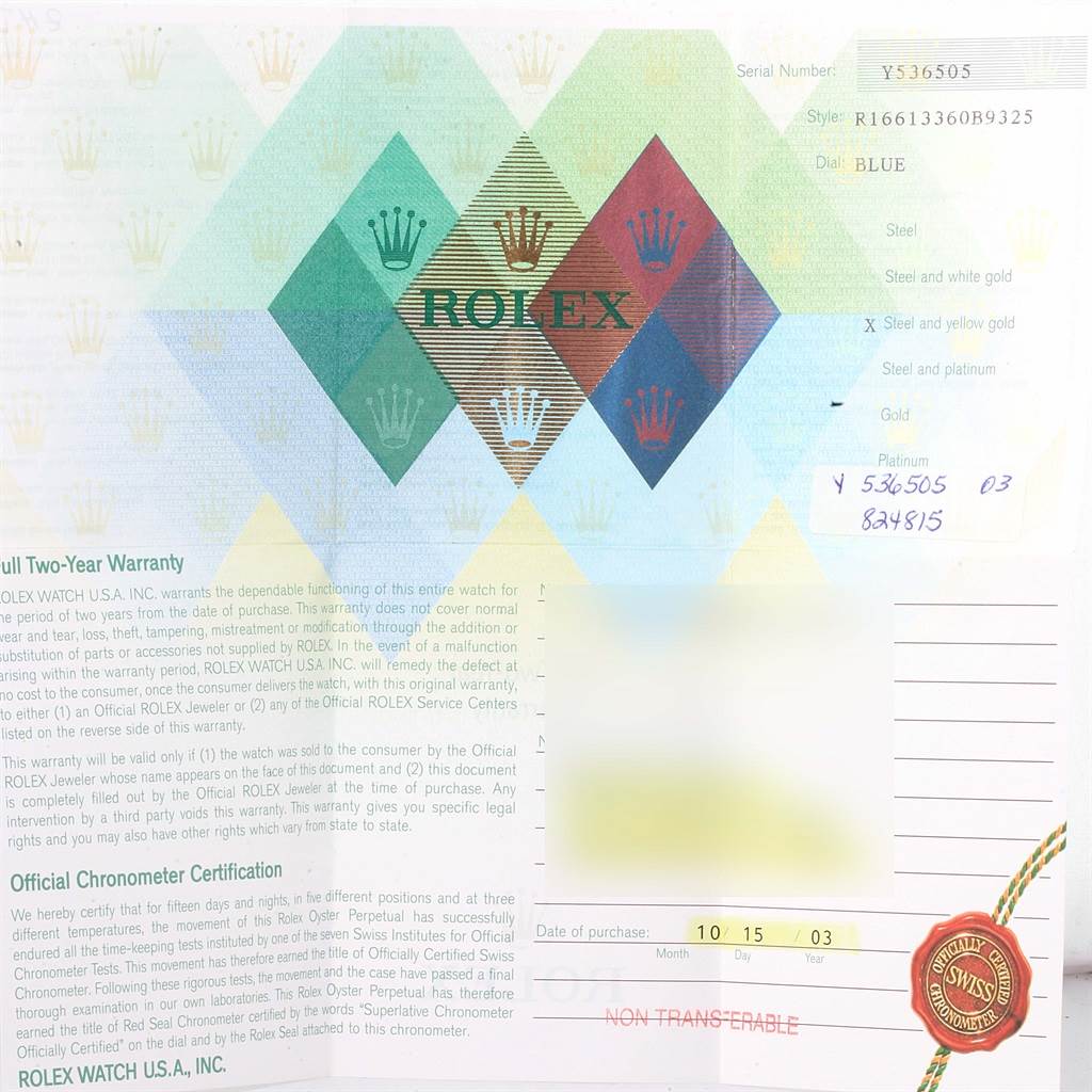 This image shows the warranty and certification card for a Rolex Submariner 16613 Men's Steel and Gold (two tone) Blue Dial 16613 Men's Steel and Gold (two tone) Blue Dial model.