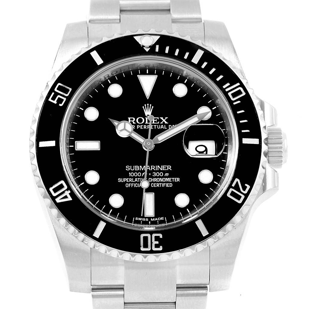 The image shows a front view of a Rolex Submariner 116610 Men's Stainless Steel Black Dial 116610 Men's Stainless Steel Black Dial watch, highlighting its black dial, bezel, and stainless steel bracelet.