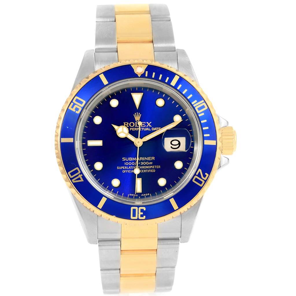 This is a front view of a Rolex Submariner 16613 Men's Steel and Gold (two tone) Blue Dial 16613 Men's Steel and Gold (two tone) Blue Dial watch, showing the face, bezel, and two-tone metal bracelet.