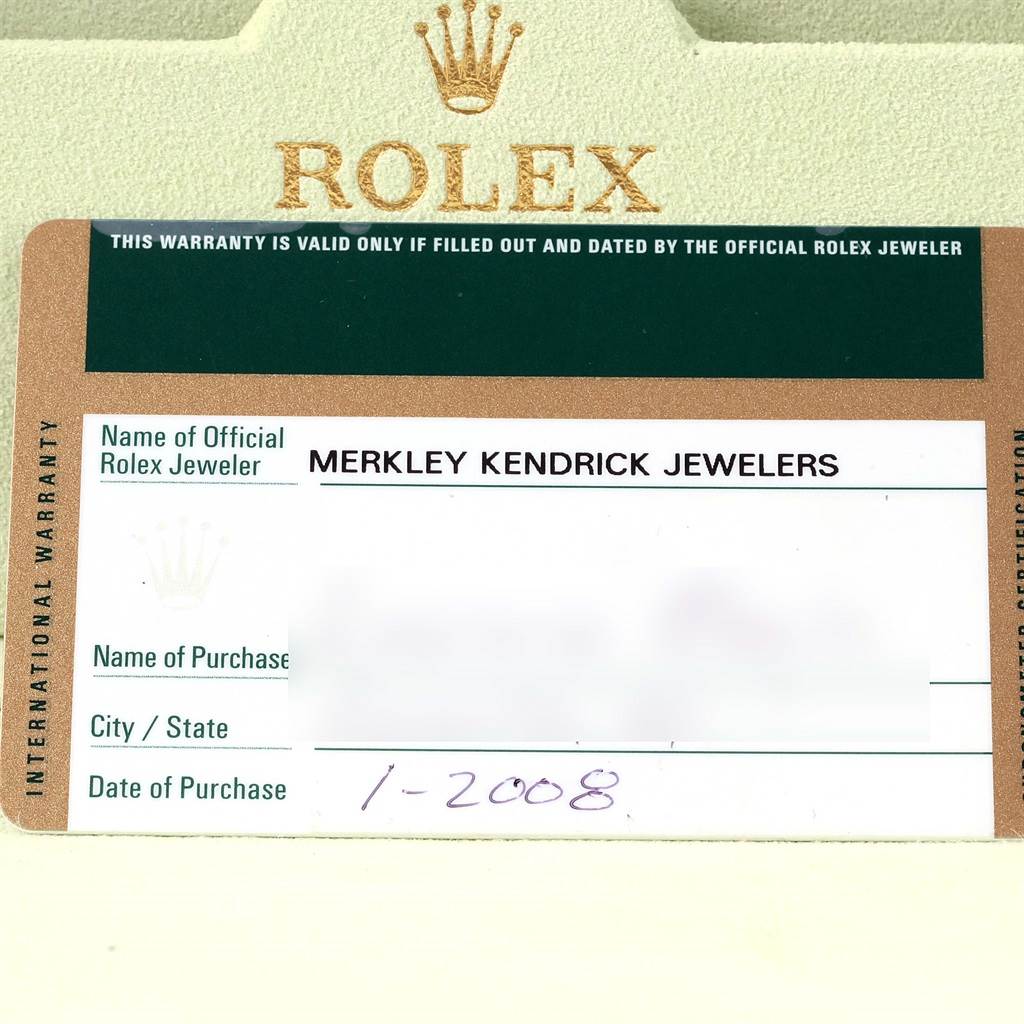 The image shows the international warranty card for a Rolex Submariner 16613 Men's Steel and Gold (two tone) Blue Dial 16613 Men's Steel and Gold (two tone) Blue Dial watch, including the official Rolex jeweler’s name and the purchase date.