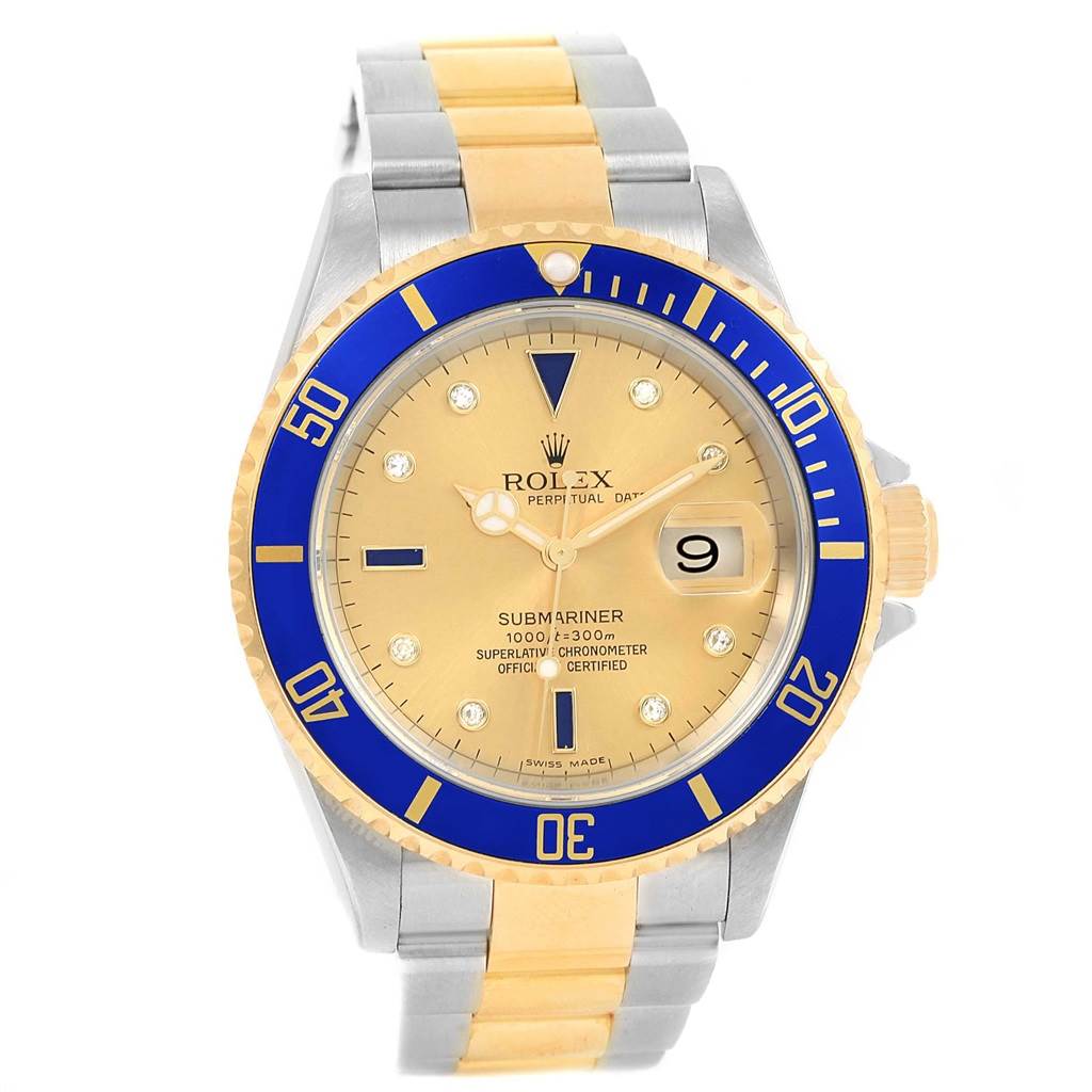 The image shows a Rolex Submariner 16613 Men's Steel and Gold (two tone) Champagne Dial 16613 Men's Steel and Gold (two tone) Champagne Dial watch face-on including the dial, bezel, and part of the bracelet.